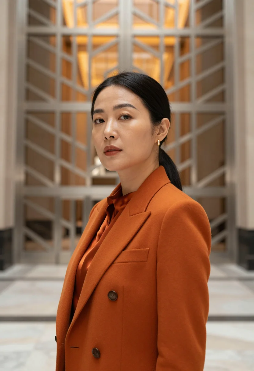 AI guardian building founder orange sample — portrait of a woman, framed tight, head and shoulders, the b