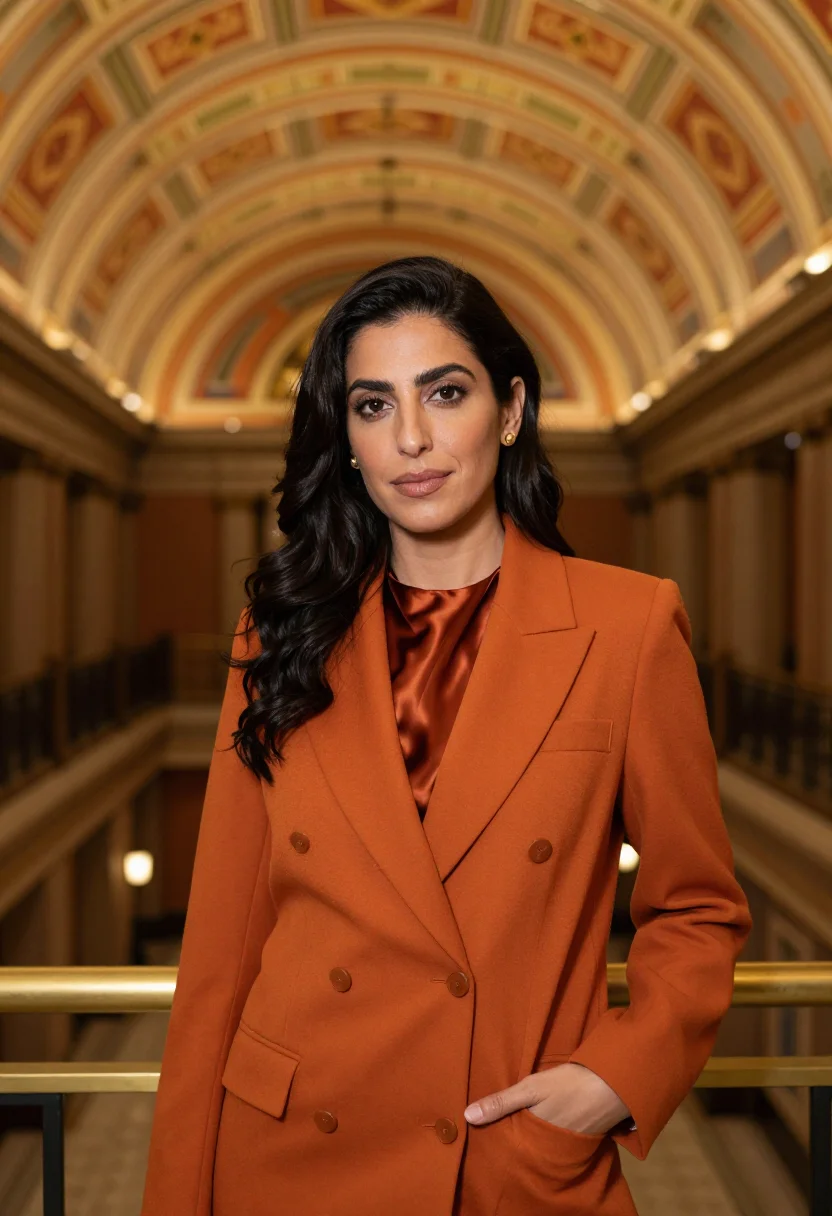 AI guardian building founder orange sample — portrait of a woman, framed half-length from the head to the