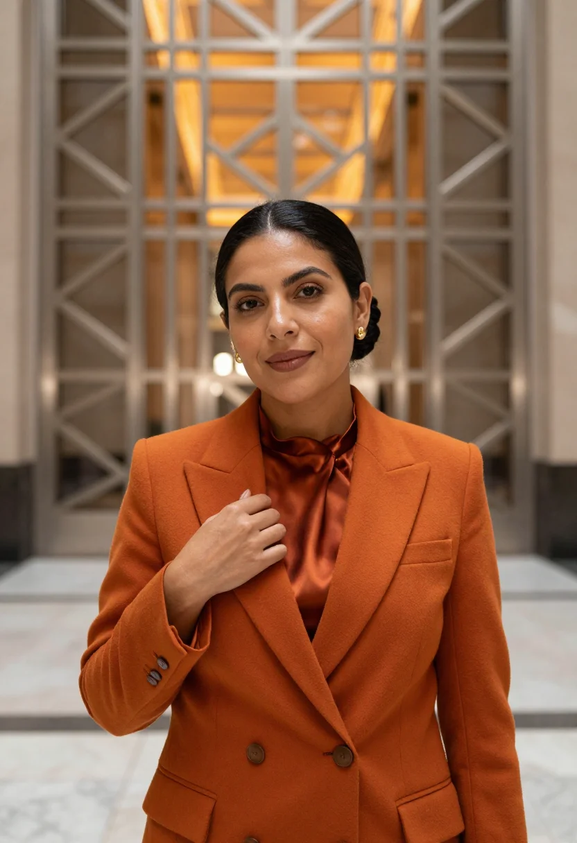 AI guardian building founder orange sample — portrait of a woman, framed chest-up, cropped at the ribs, t