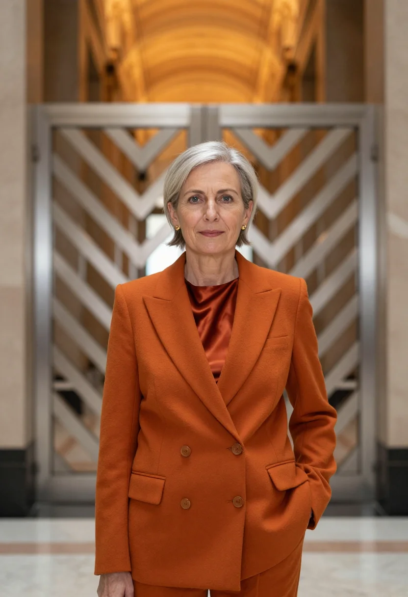AI guardian building founder orange sample — portrait of a woman, framed half-length from the head to the