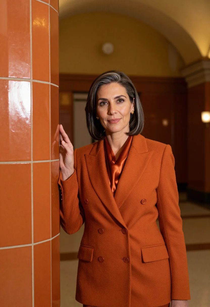AI guardian building founder orange sample — portrait of a woman, framed half-length from the head to the