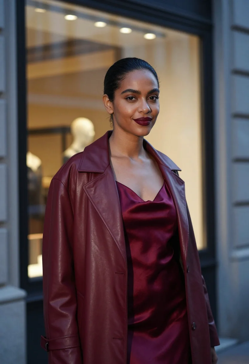 AI gucci ancora oxblood via montenapoleone sample — fashion portrait, a woman in her late twenties of Somali and