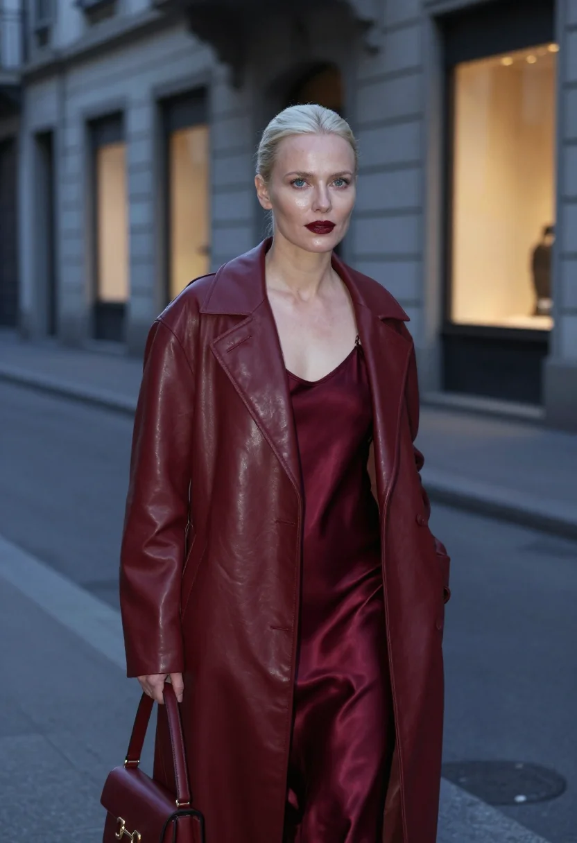 AI gucci ancora oxblood via montenapoleone sample — fashion portrait, a woman in her mid-thirties of Polish desc