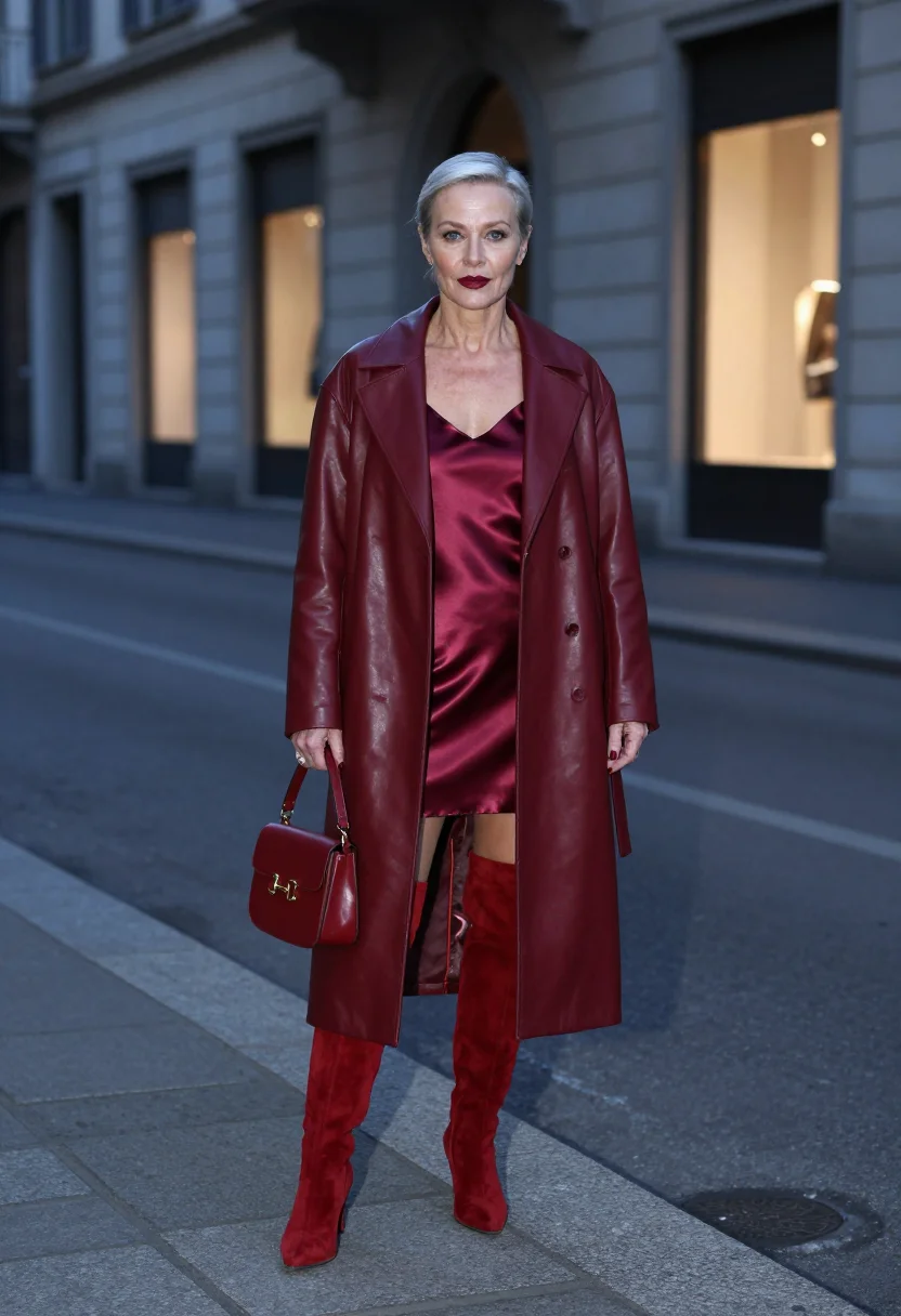 AI gucci ancora oxblood via montenapoleone sample — fashion portrait, a woman in her early fifties of Austrian d
