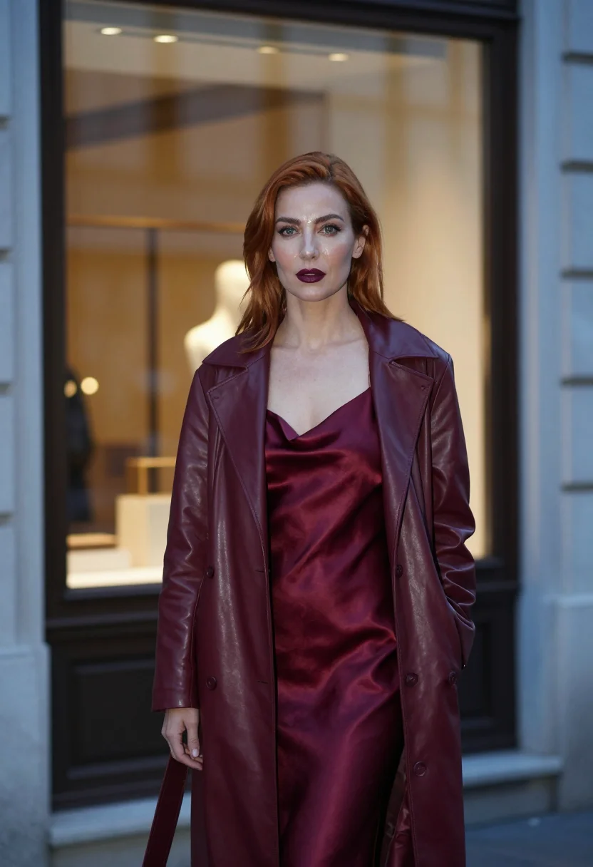 AI gucci ancora oxblood via montenapoleone sample — fashion portrait, a woman in her early forties of Venetian d