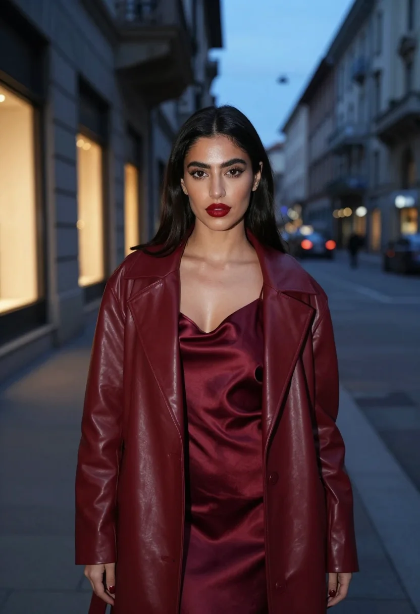 AI gucci ancora oxblood via montenapoleone sample — fashion portrait, a woman in her mid-twenties of Lebanese de