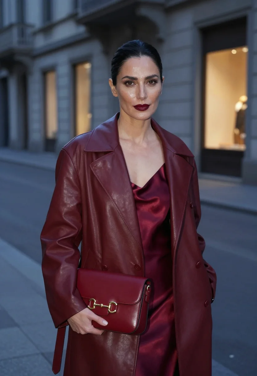 AI gucci ancora oxblood via montenapoleone sample — fashion portrait, a woman in her late thirties of Sardinian