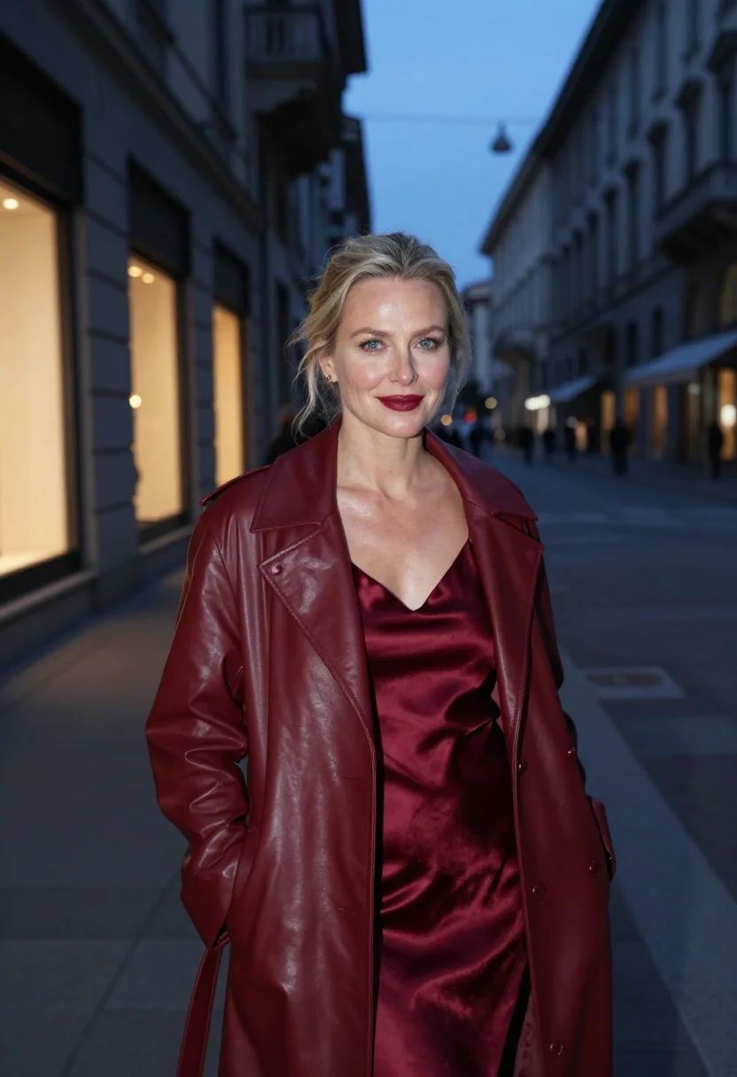 AI gucci ancora oxblood via montenapoleone sample — fashion portrait, a woman in her mid-forties of Danish desce