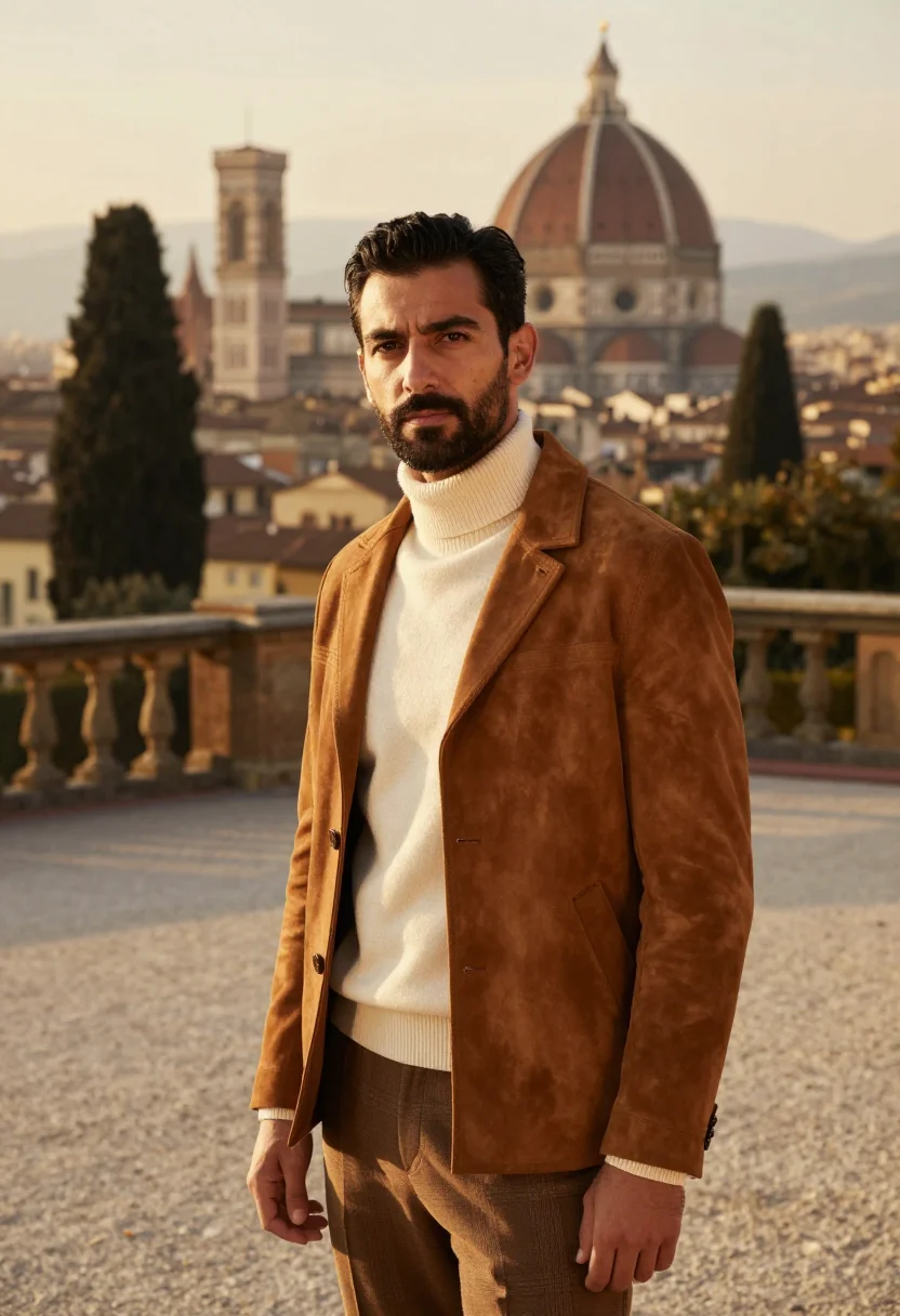 AI gucci giardino firenze horsebit loafer cognac men sample — fashion portrait, a man in his mid-thirties of Sicilian desc