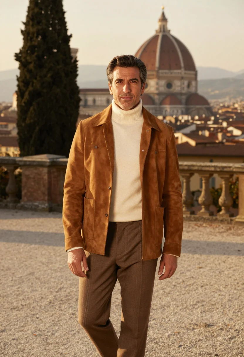 AI gucci giardino firenze horsebit loafer cognac men sample — fashion portrait, a man in his late forties of Spanish desce