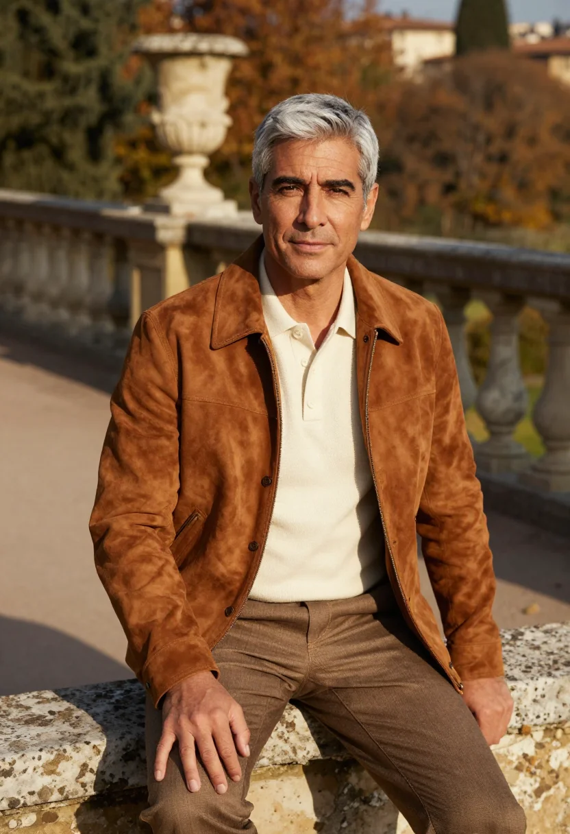 AI gucci giardino firenze horsebit loafer cognac men sample — fashion portrait, a man in his mid-fifties of Roman descent,