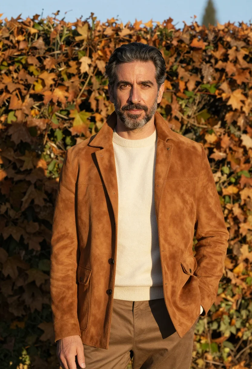 AI gucci giardino firenze horsebit loafer cognac men sample — fashion portrait, a man in his late forties of Tuscan descen