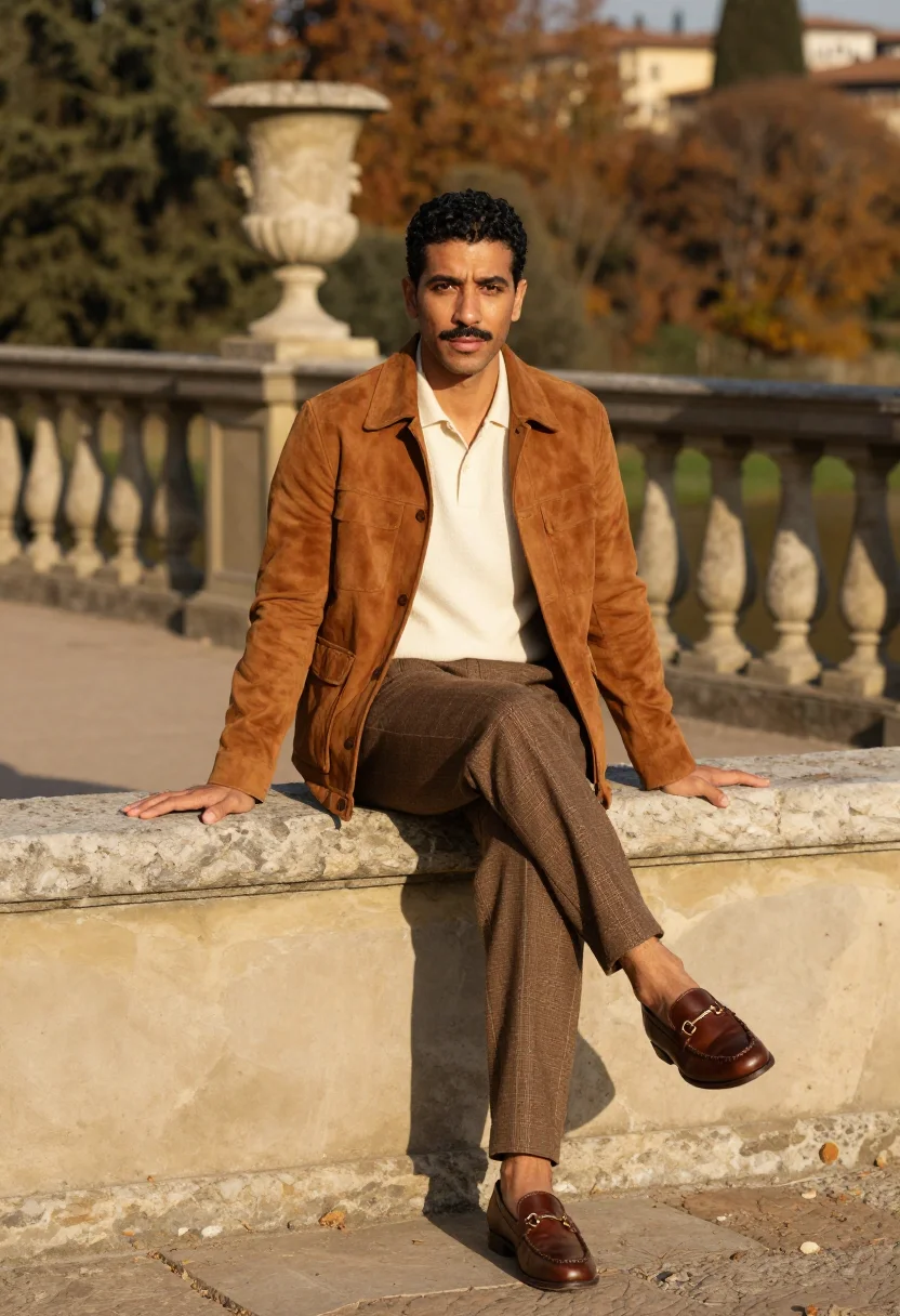 AI gucci giardino firenze horsebit loafer cognac men sample — fashion portrait, a man in his late thirties of Moroccan and