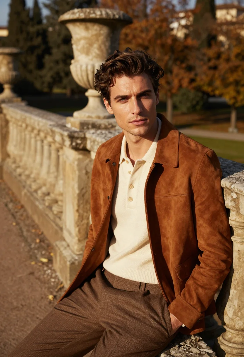 AI gucci giardino firenze horsebit loafer cognac men sample — fashion portrait, a man in his early thirties of French desc
