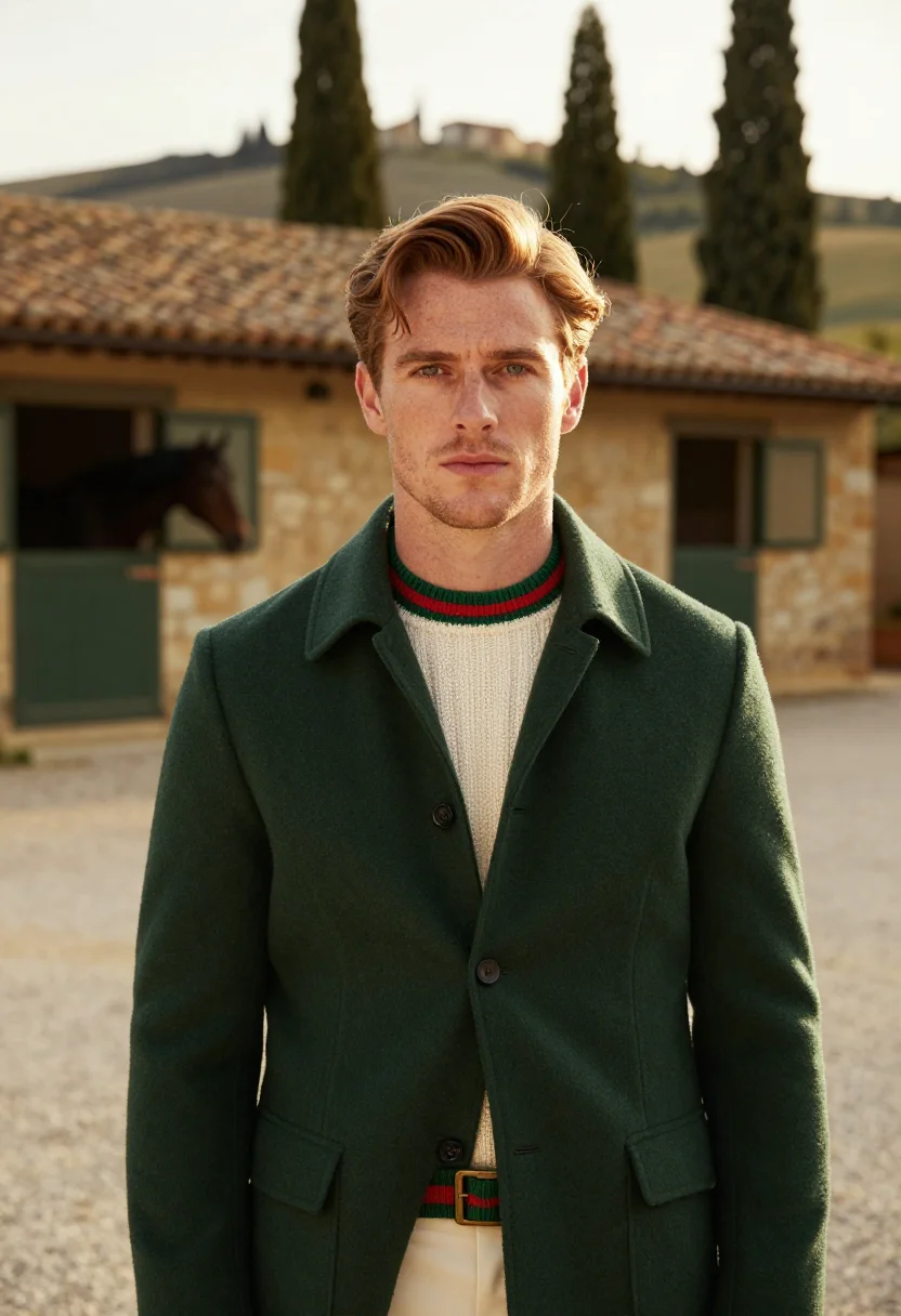 AI gucci tuscany equestrian web stripe green red men sample — fashion portrait, a man in his early forties of Irish descen