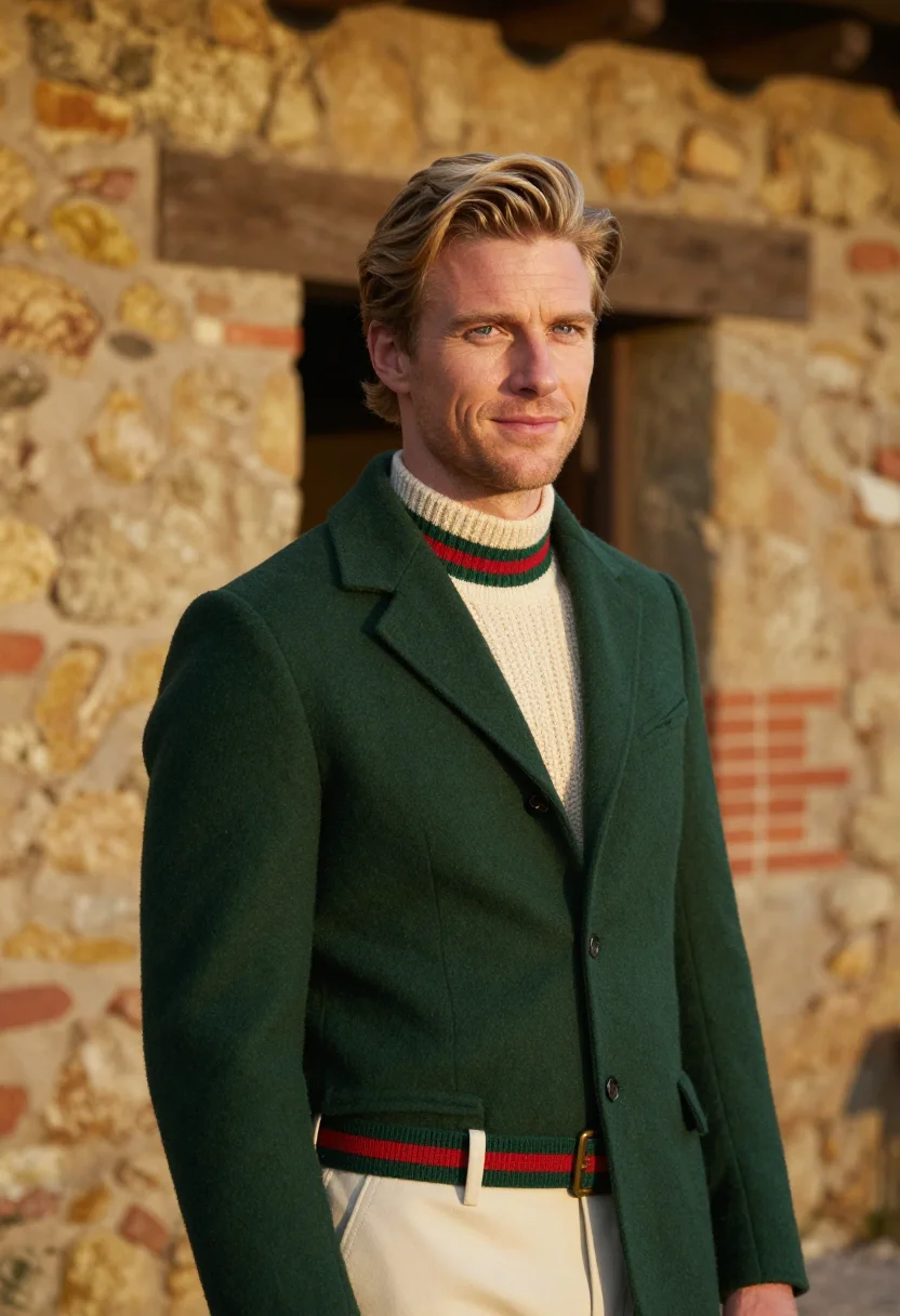 AI gucci tuscany equestrian web stripe green red men sample — fashion portrait, a man in his early forties of English desc
