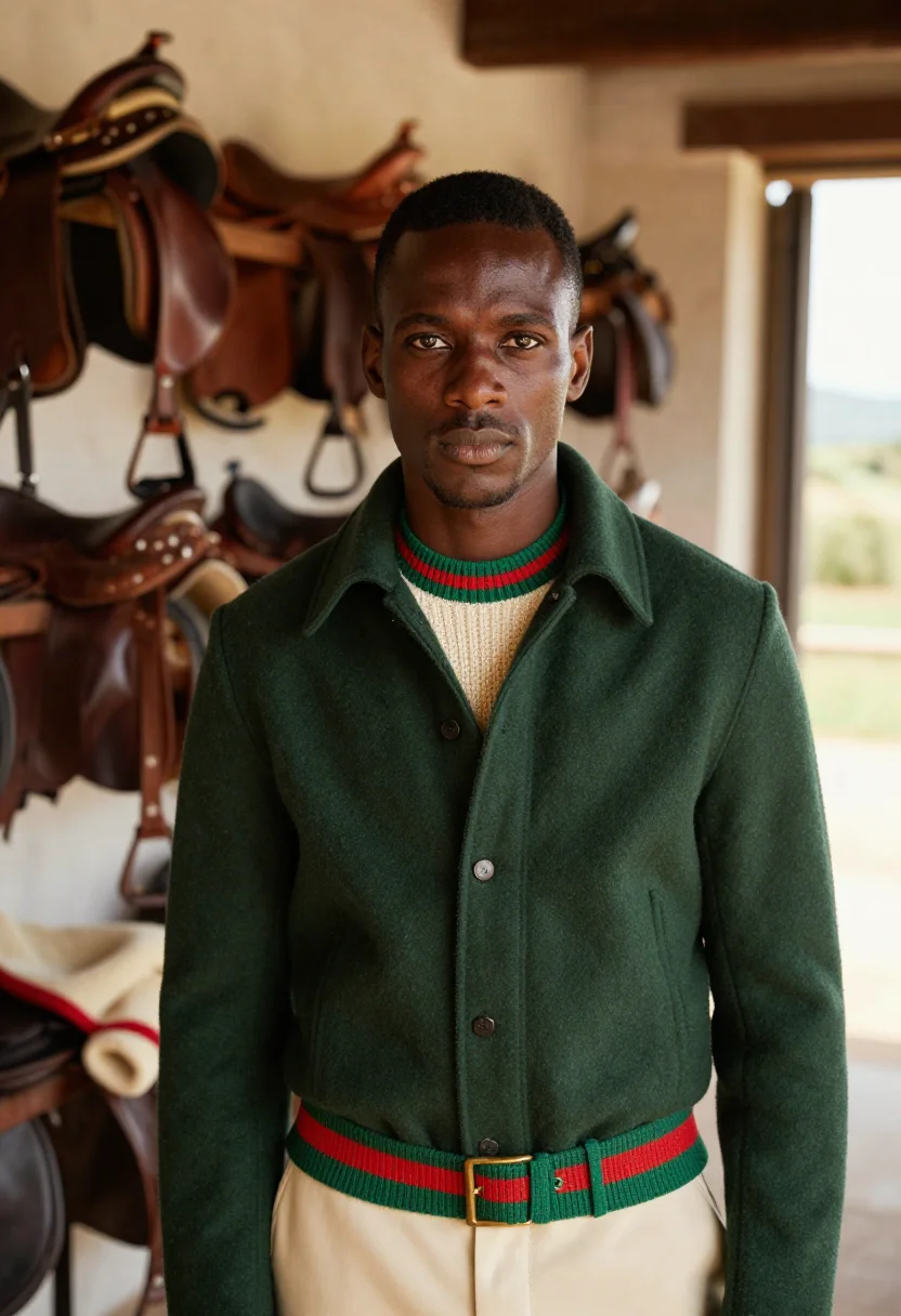 AI gucci tuscany equestrian web stripe green red men sample — fashion portrait, a man in his early thirties of Senegalese