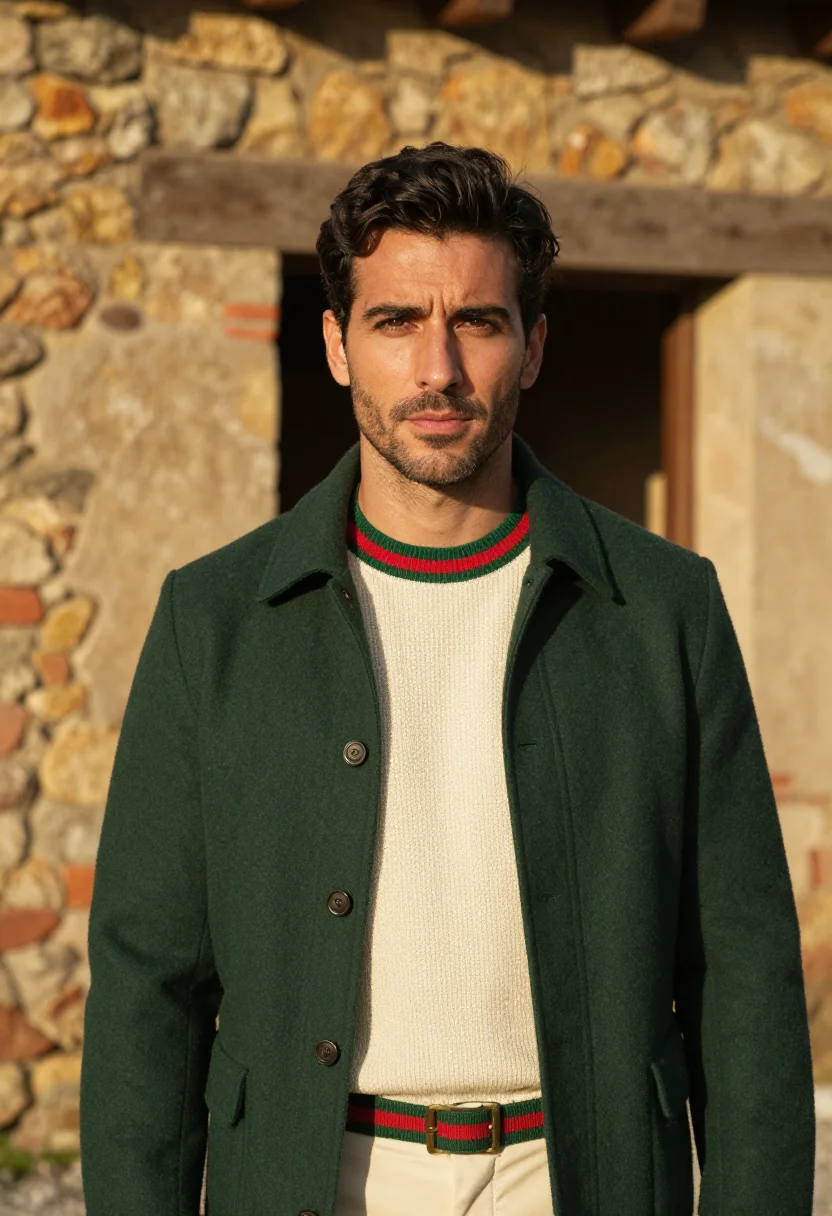 AI gucci tuscany equestrian web stripe green red men sample — fashion portrait, a man in his late thirties of Tuscan desce