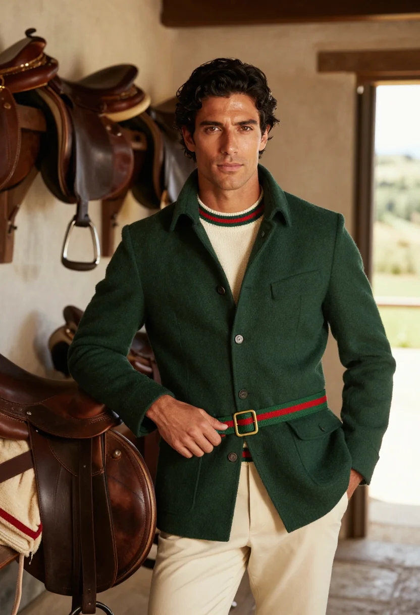 AI gucci tuscany equestrian web stripe green red men sample — fashion portrait, a man in his late twenties of Spanish desc