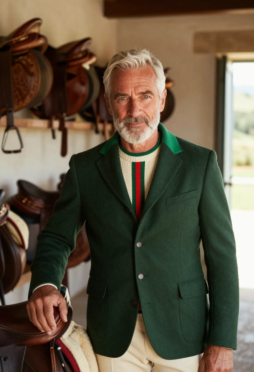 AI gucci tuscany equestrian web stripe green red men sample — fashion portrait, a man in his mid-fifties of Austrian desce