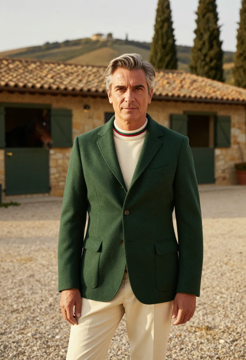 AI gucci tuscany equestrian web stripe green red men sample — fashion portrait, a man in his late forties of French descen