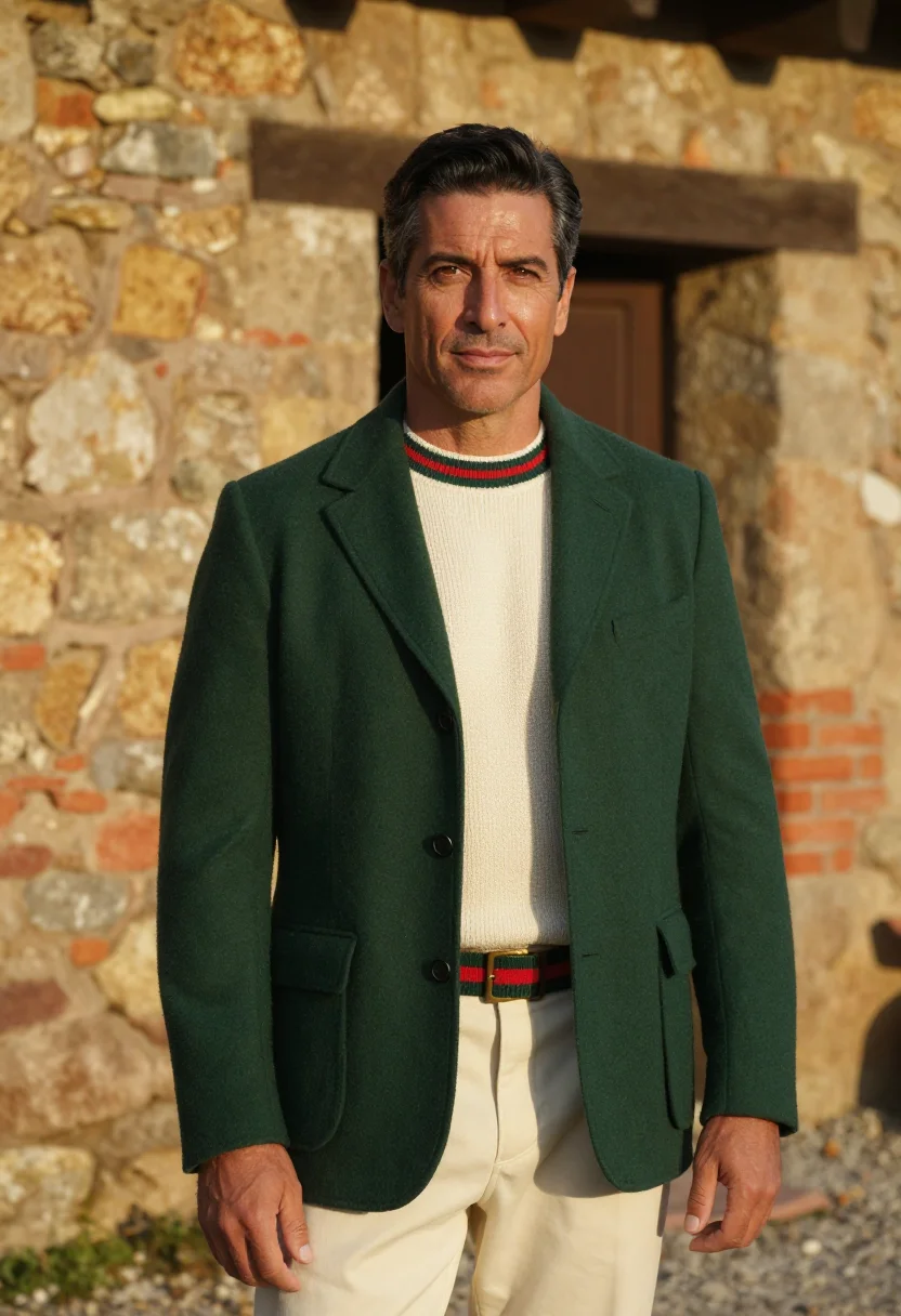 AI gucci tuscany equestrian web stripe green red men sample — fashion portrait, a man in his mid-forties of Umbrian descen