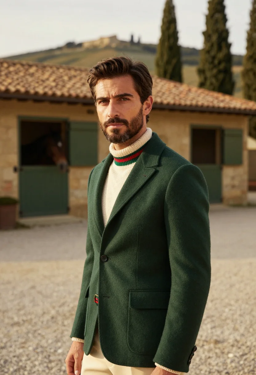 AI gucci tuscany equestrian web stripe green red men sample — fashion portrait, a man in his mid-thirties of Florentine de