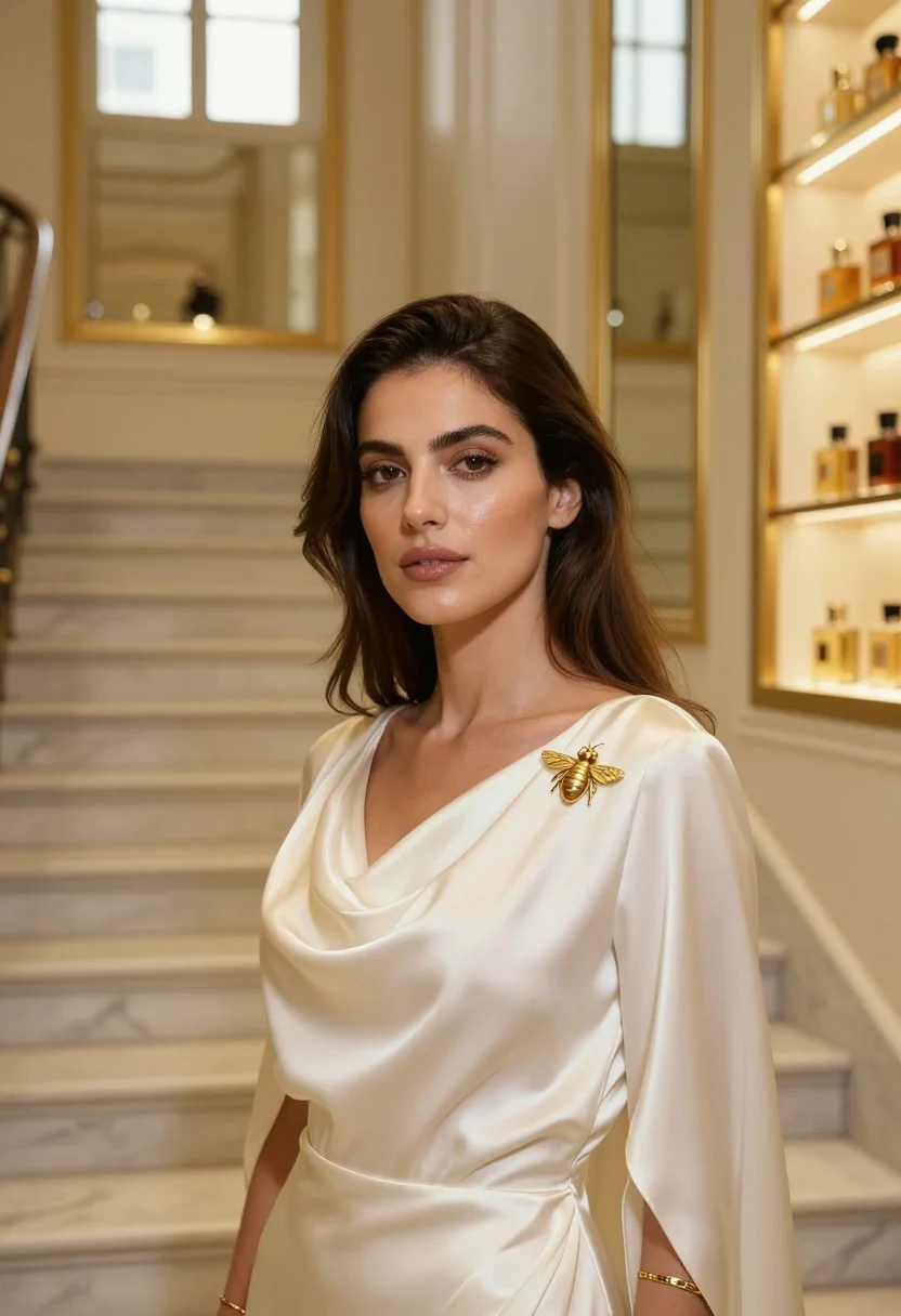 AI guerlain champs elysees bee bottle gold accent sample — portrait of a woman, a Lebanese-French woman in her late twe