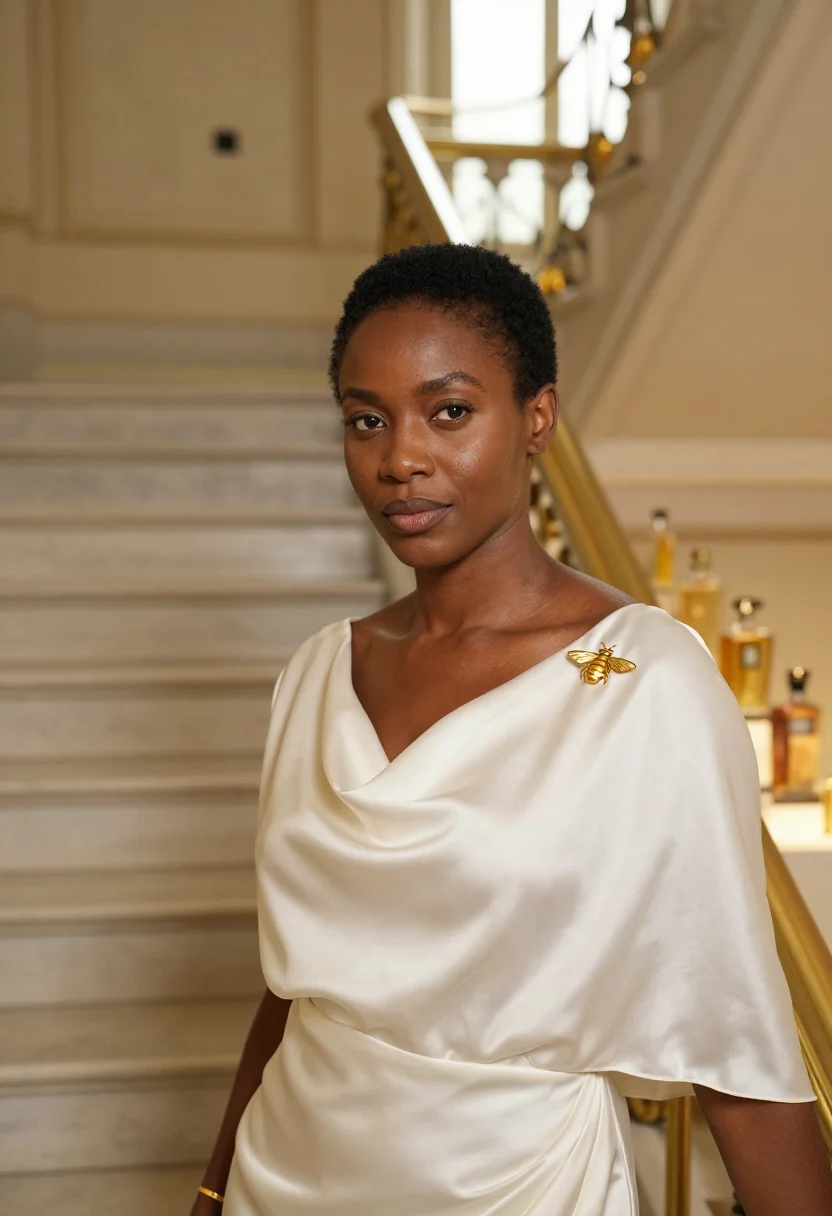 AI guerlain champs elysees bee bottle gold accent sample — portrait of a woman, a Senegalese-French woman in her early