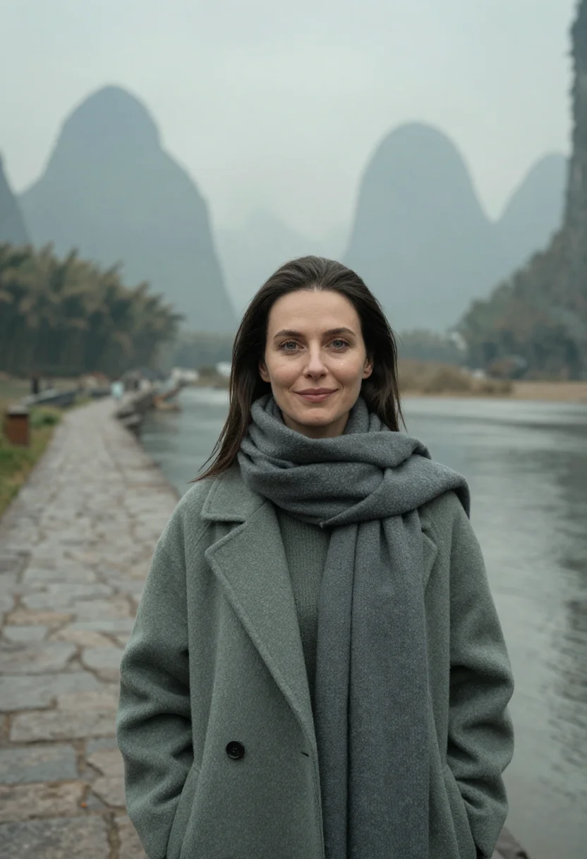 AI guilin karst november mist sample — portrait of a woman, framed tight, head and shoulders, the b
