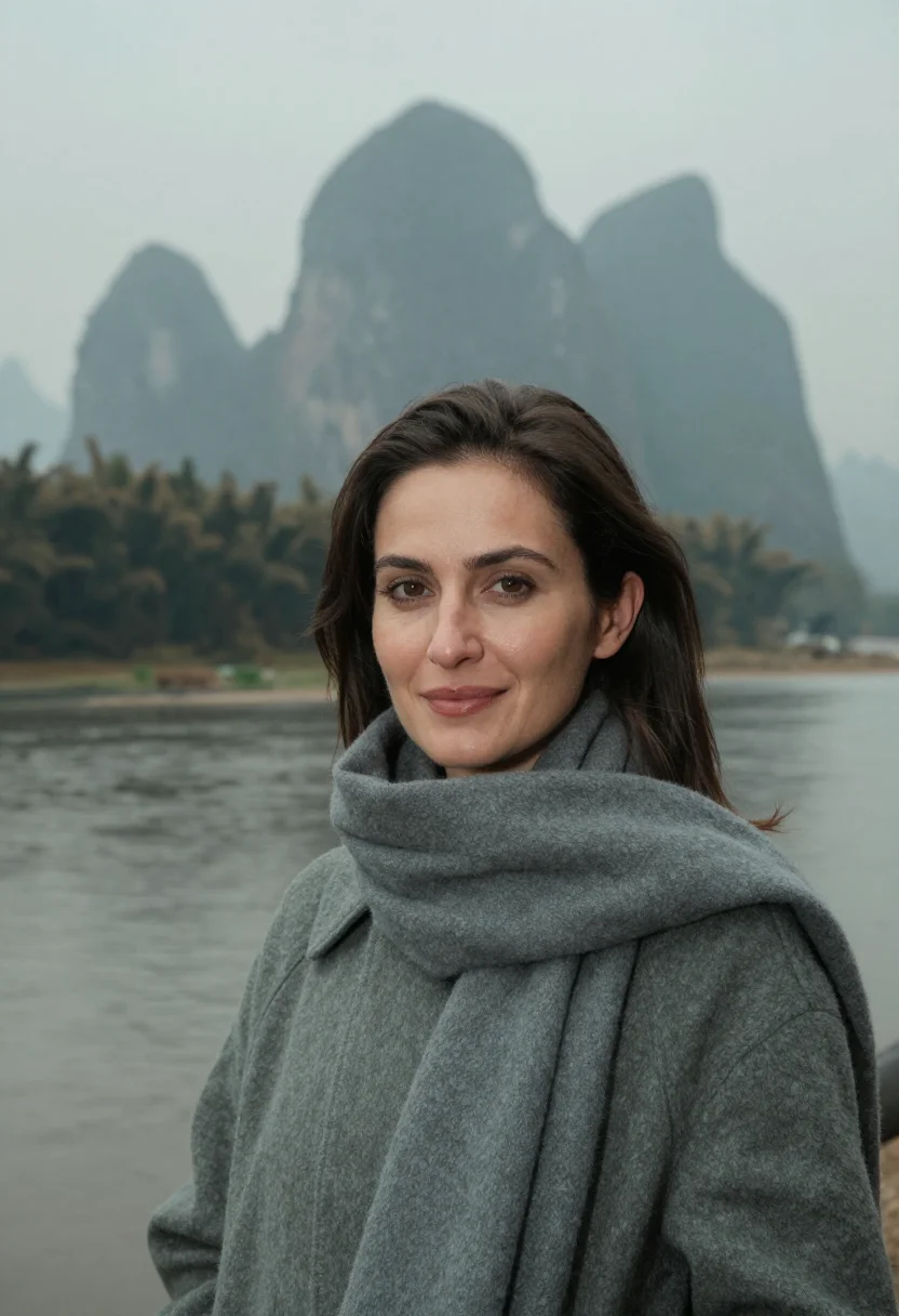 AI guilin karst november mist sample — portrait of a woman, framed tight, head and shoulders, the b