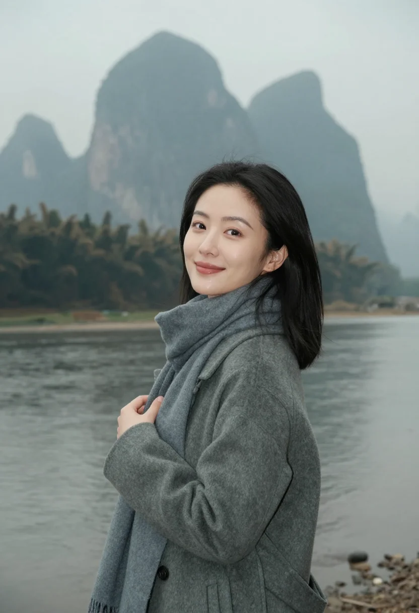 AI guilin karst november mist sample — portrait of a woman, framed chest-up, the crop falling at mi