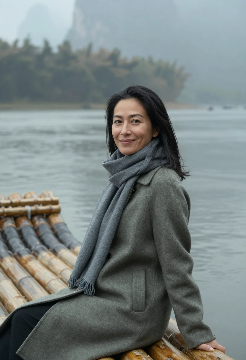 AI guilin karst november mist sample — portrait of a woman, framed chest-up, the crop falling at mi