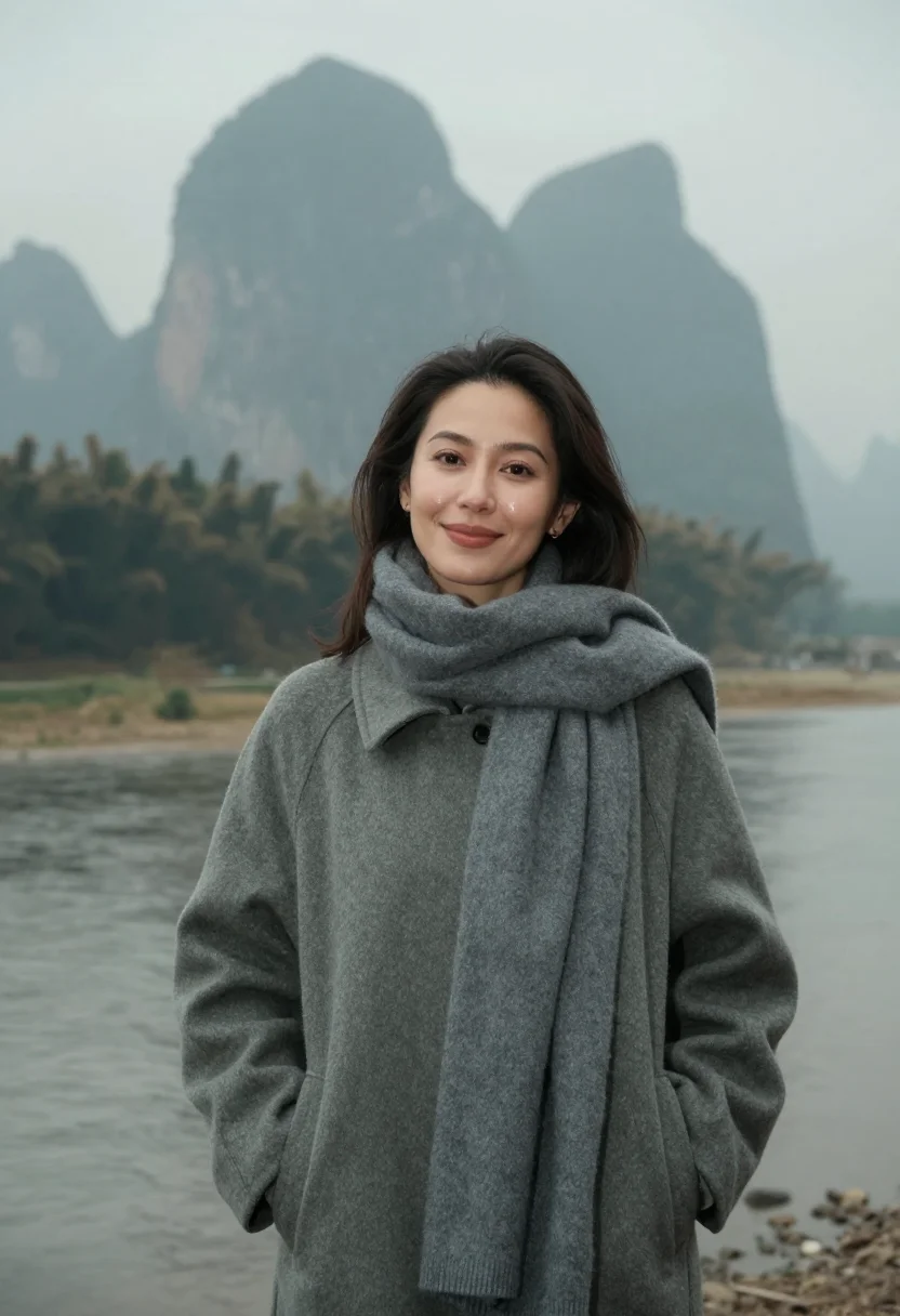AI guilin karst november mist sample — portrait of a woman, framed half-length from the waist up, t