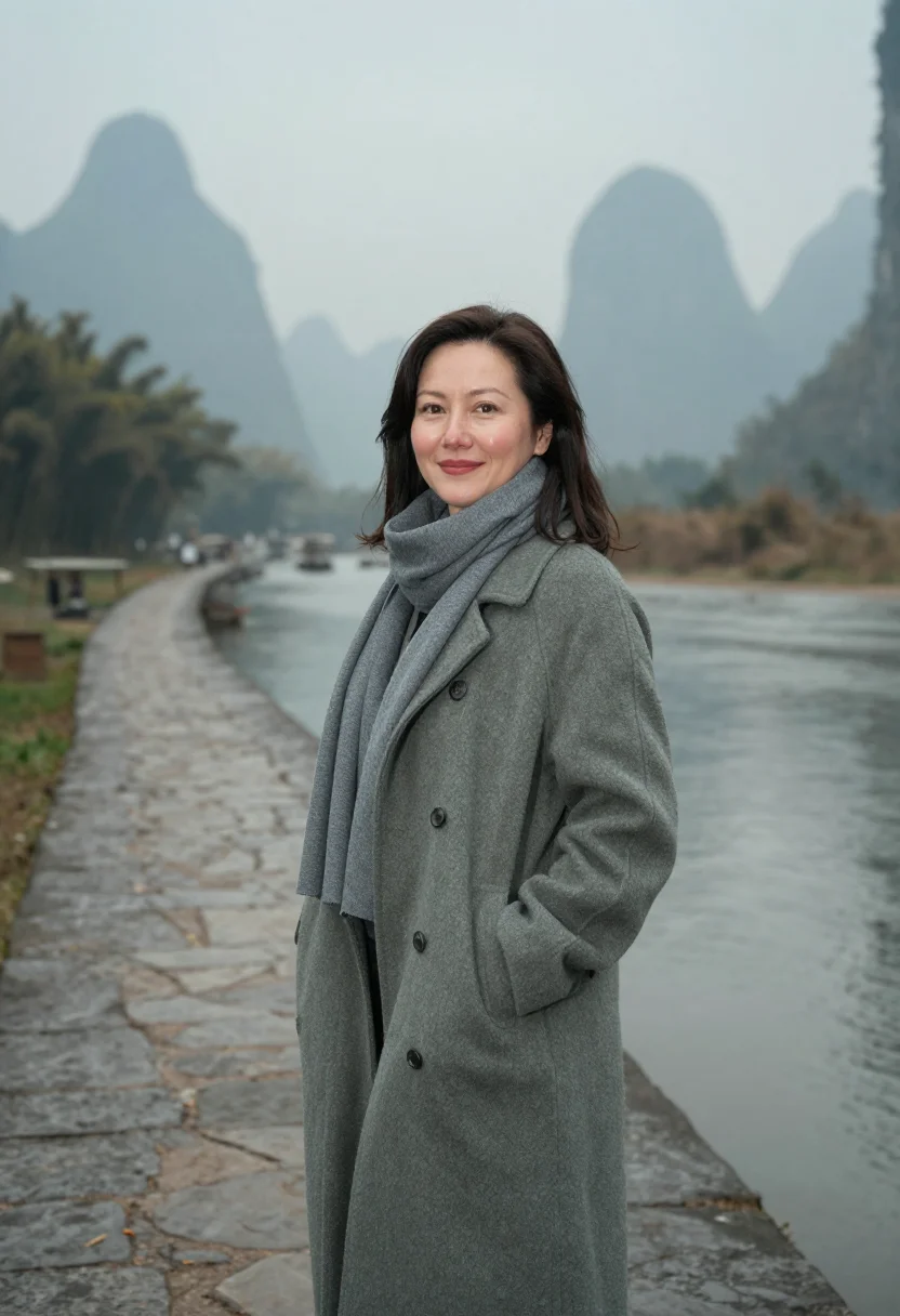 AI guilin karst november mist sample — portrait of a woman, framed half-length from the waist up, t