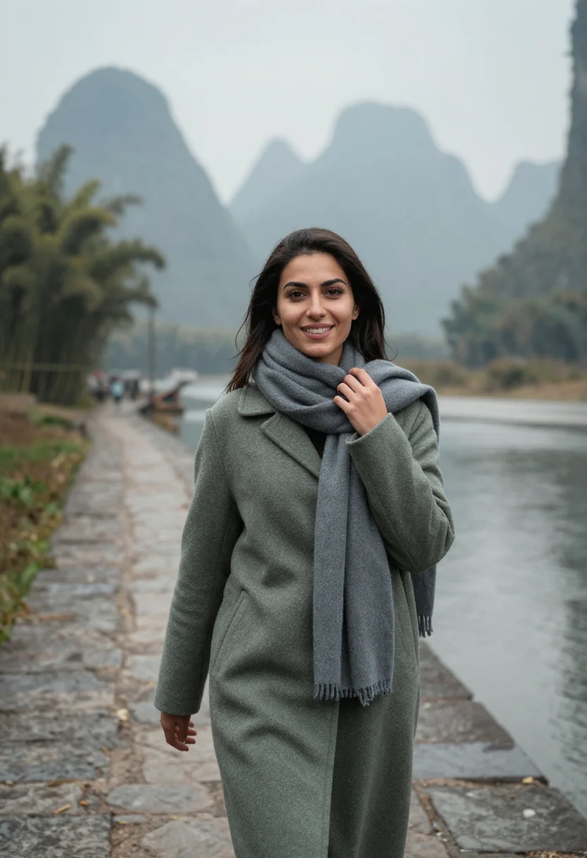AI guilin karst november mist sample — portrait of a woman, framed chest-up, the crop falling at mi