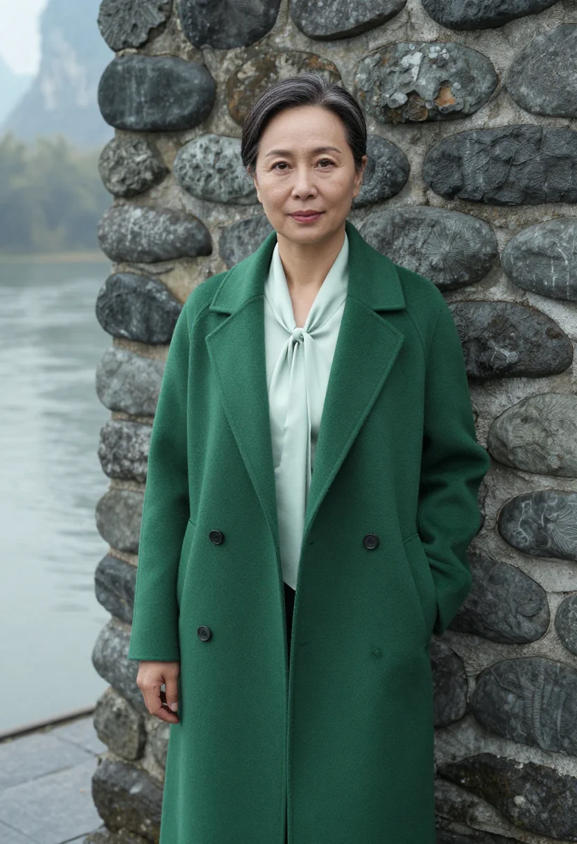AI guilin resort director ink green mist sample — portrait of a woman, a resort director in her fifties with o