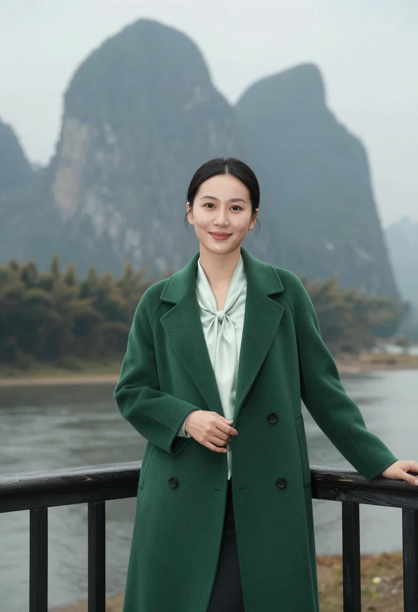 AI guilin resort director ink green mist sample — portrait of a woman, a resort director, a Zhuang woman in he