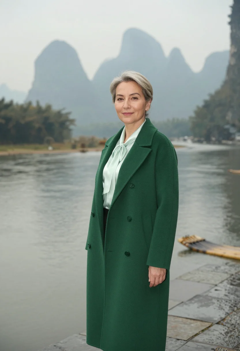 AI guilin resort director ink green mist sample — portrait of a woman, a resort director in her early fifties