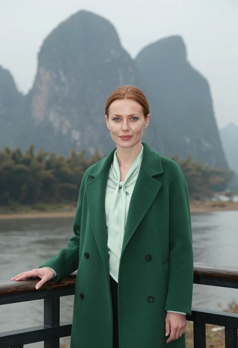 AI guilin resort director ink green mist sample — portrait of a woman, a resort director in her late forties w