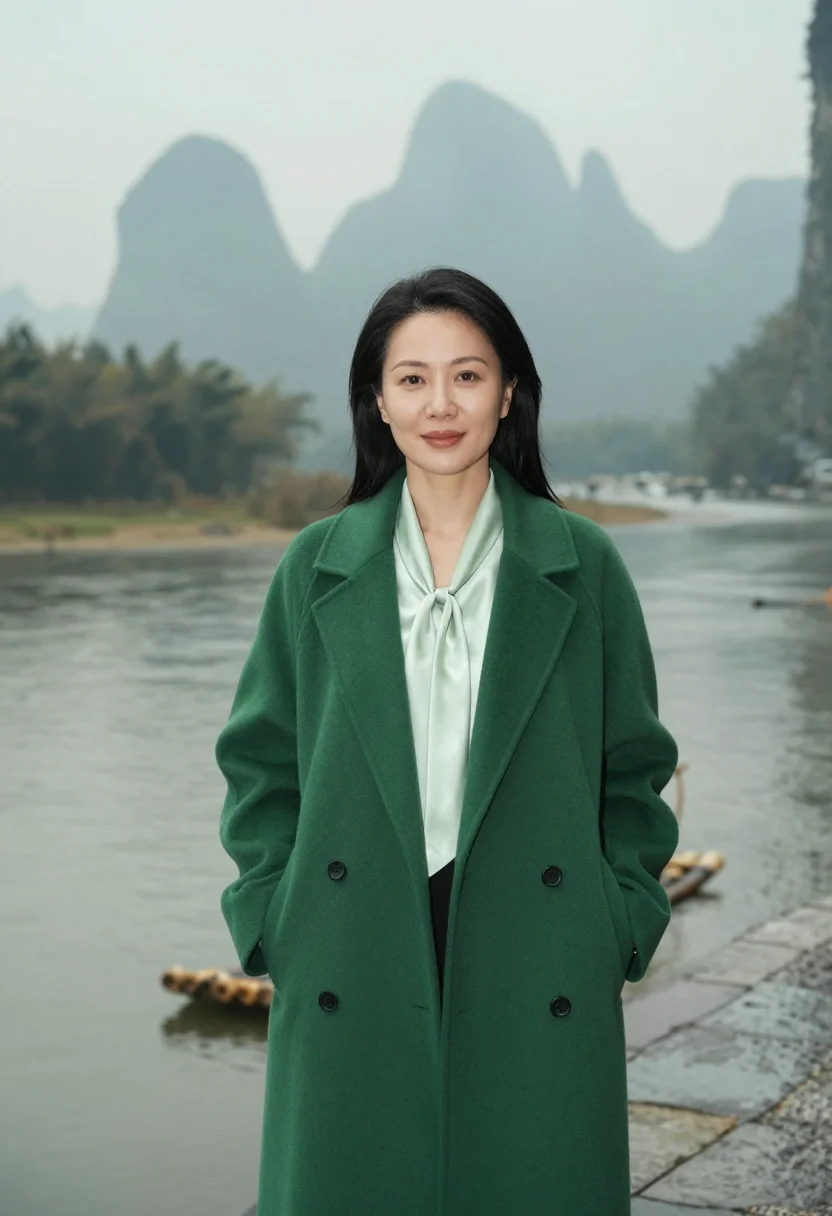 AI guilin resort director ink green mist sample — portrait of a woman, a resort director in her mid-forties wi