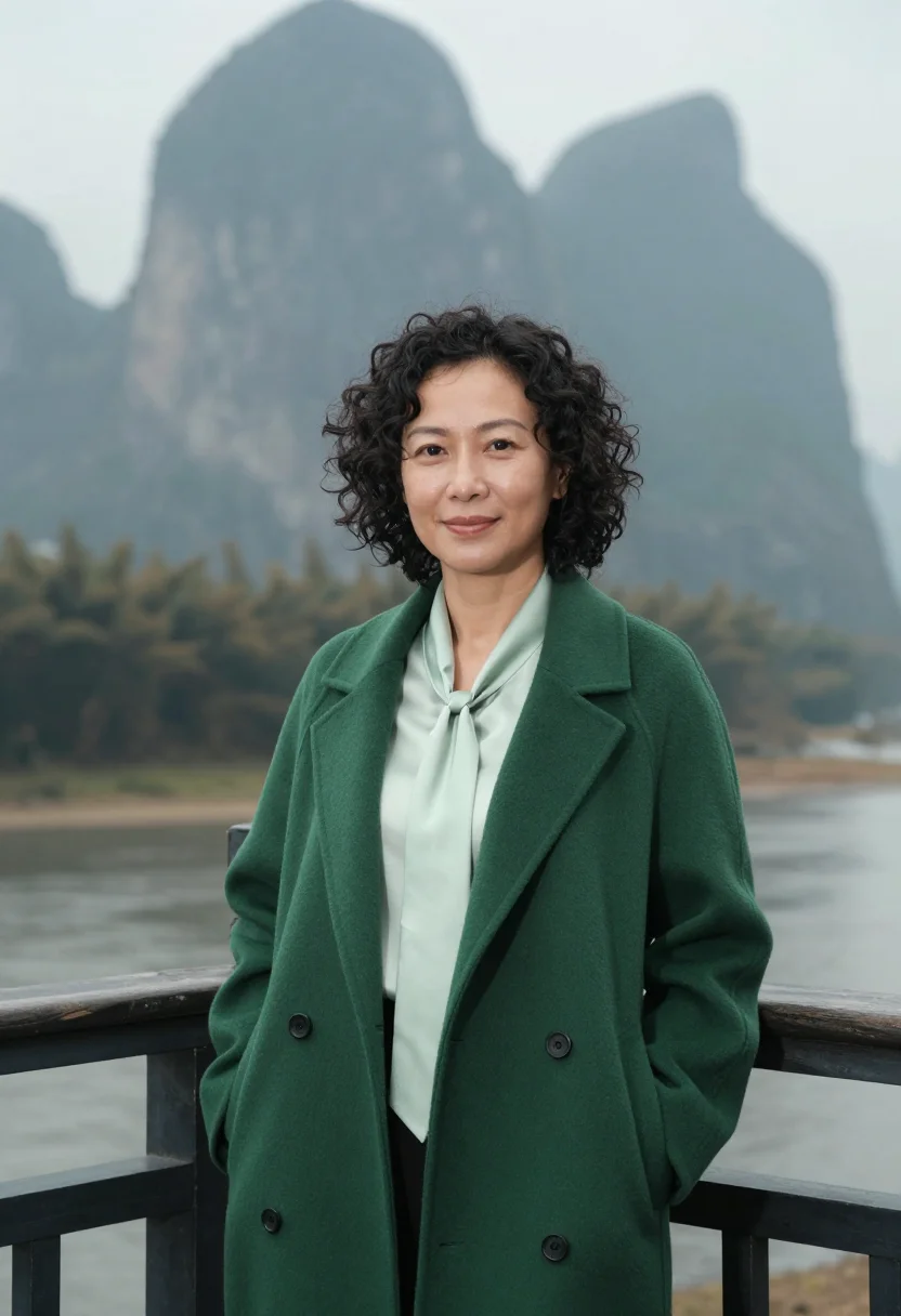AI guilin resort director ink green mist sample — portrait of a woman, a resort director in her mid-thirties w