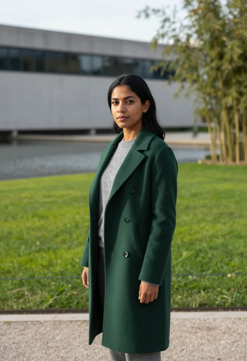 AI gulbenkian curator concrete garden green sample — portrait of a woman, of Goan and Portuguese descent, in her
