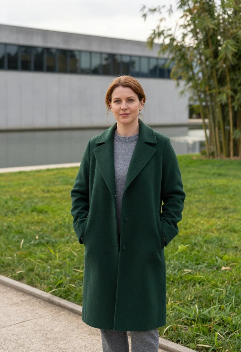 AI gulbenkian curator concrete garden green sample — portrait of a woman, of Irish descent, in her mid-forties, w