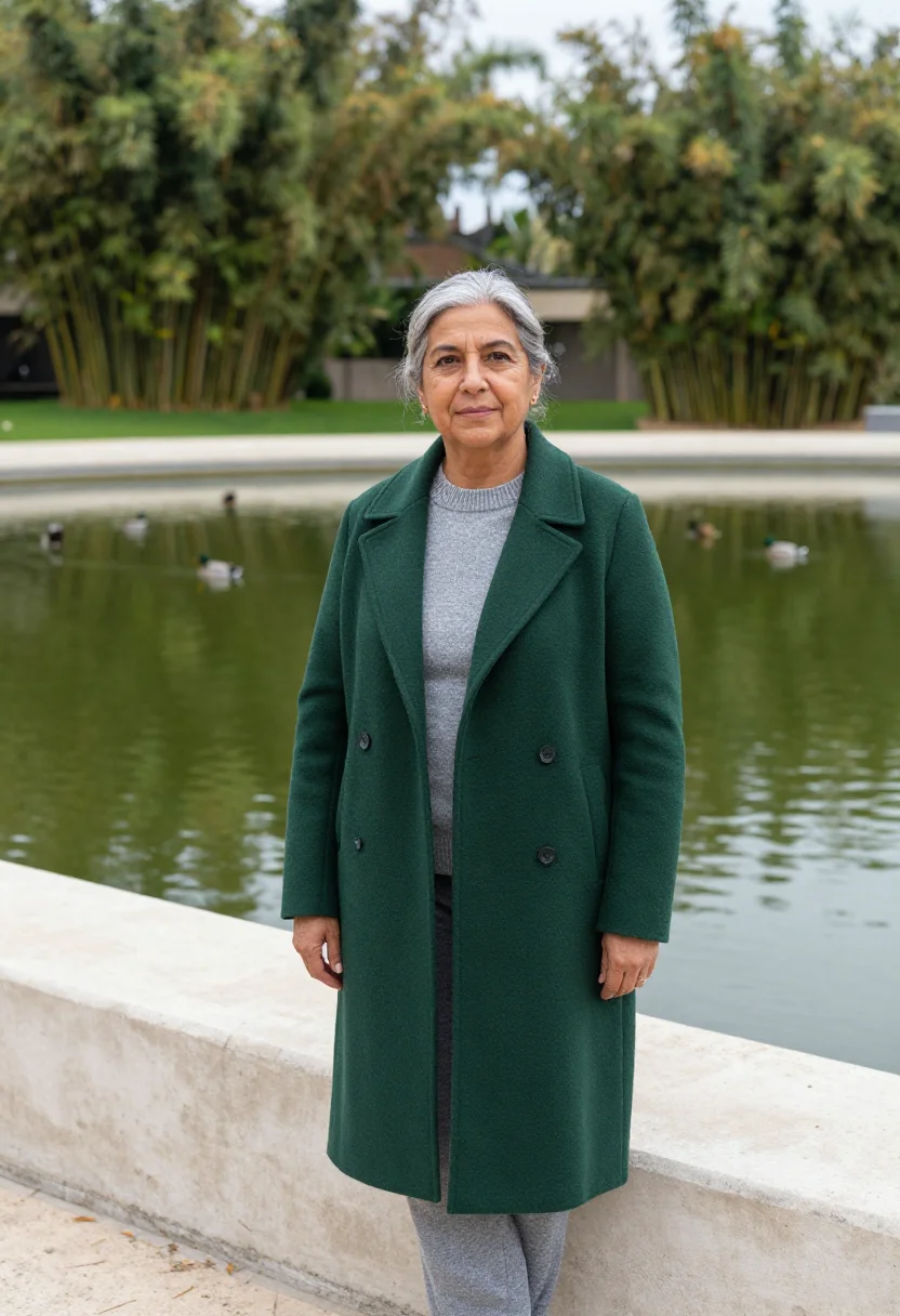 AI gulbenkian curator concrete garden green sample — portrait of a woman, of Portuguese descent, in her early six