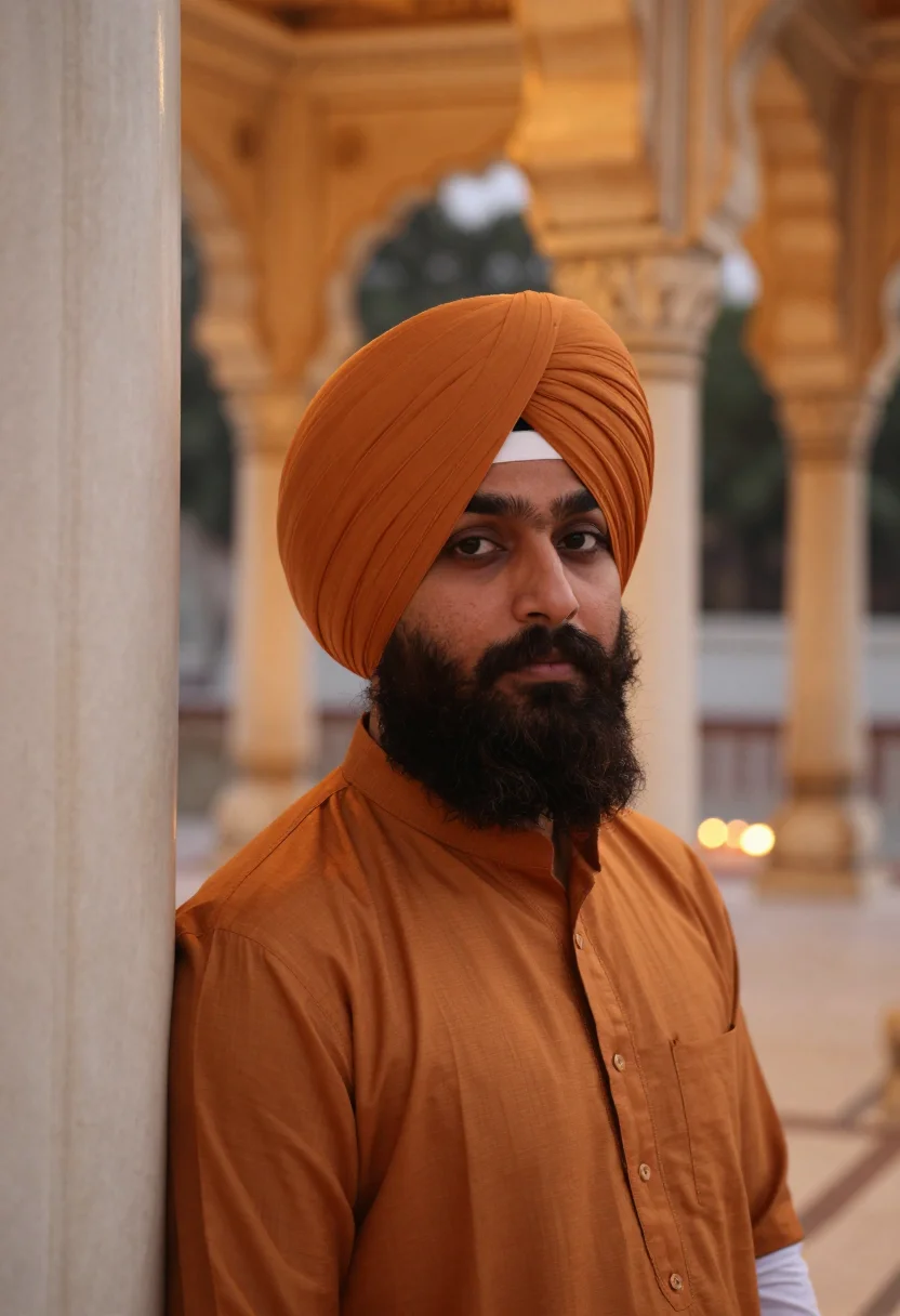 AI guru nanak jayanti golden temple saffron sample — portrait of a man, framed tight, head and shoulders, the bod