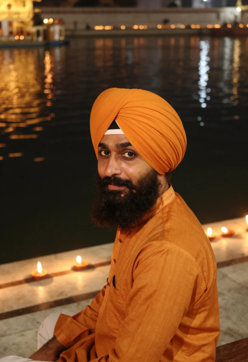 AI guru nanak jayanti golden temple saffron sample — portrait of a man, framed tight, head and shoulders, the bod