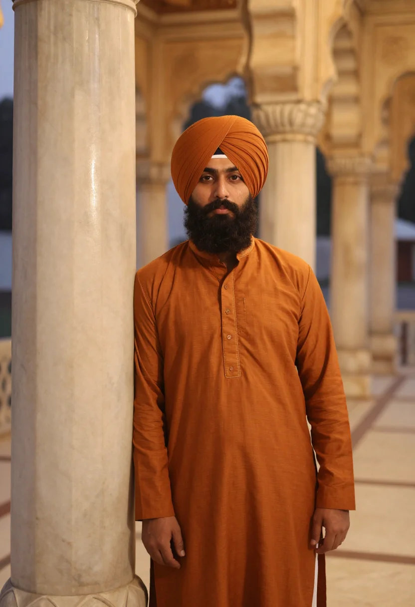 AI guru nanak jayanti golden temple saffron sample — portrait of a man, framed half-length from the head to the h