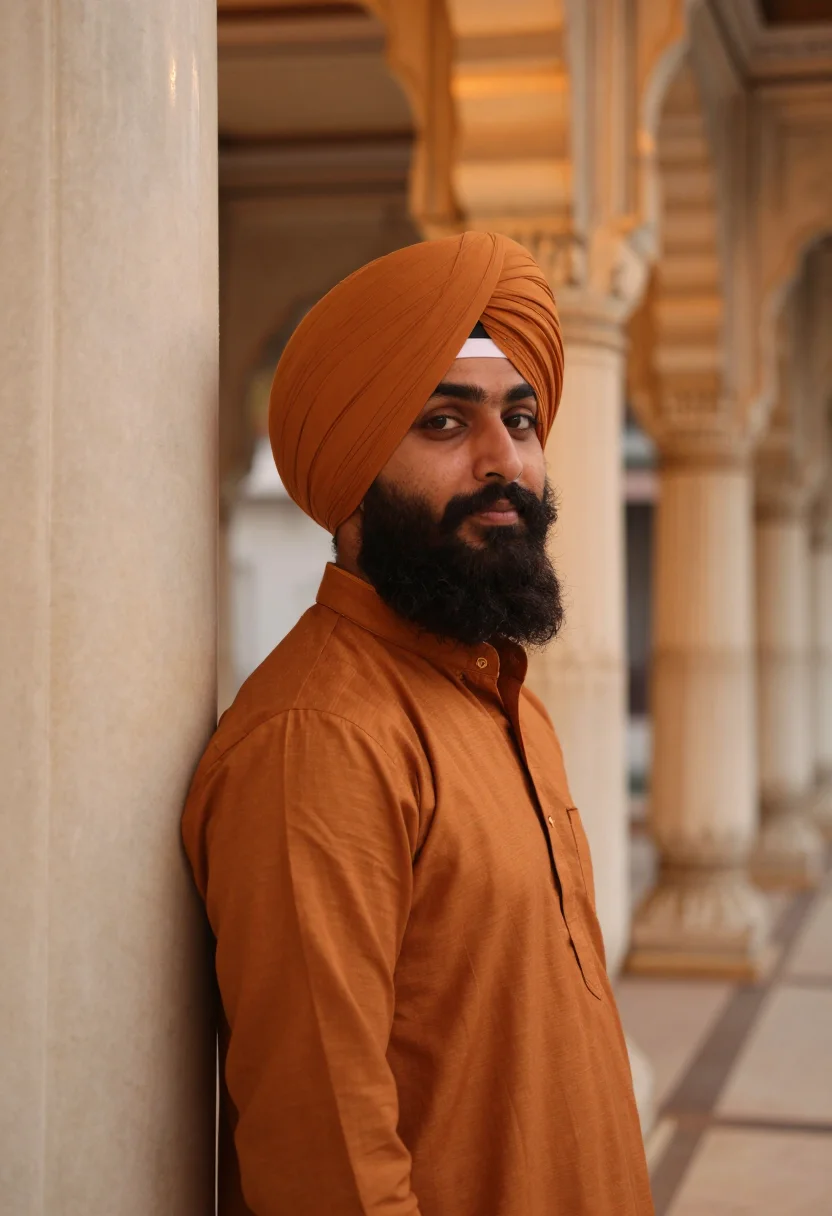 AI guru nanak jayanti golden temple saffron sample — portrait of a man, framed chest-up, cropped at the ribs, the
