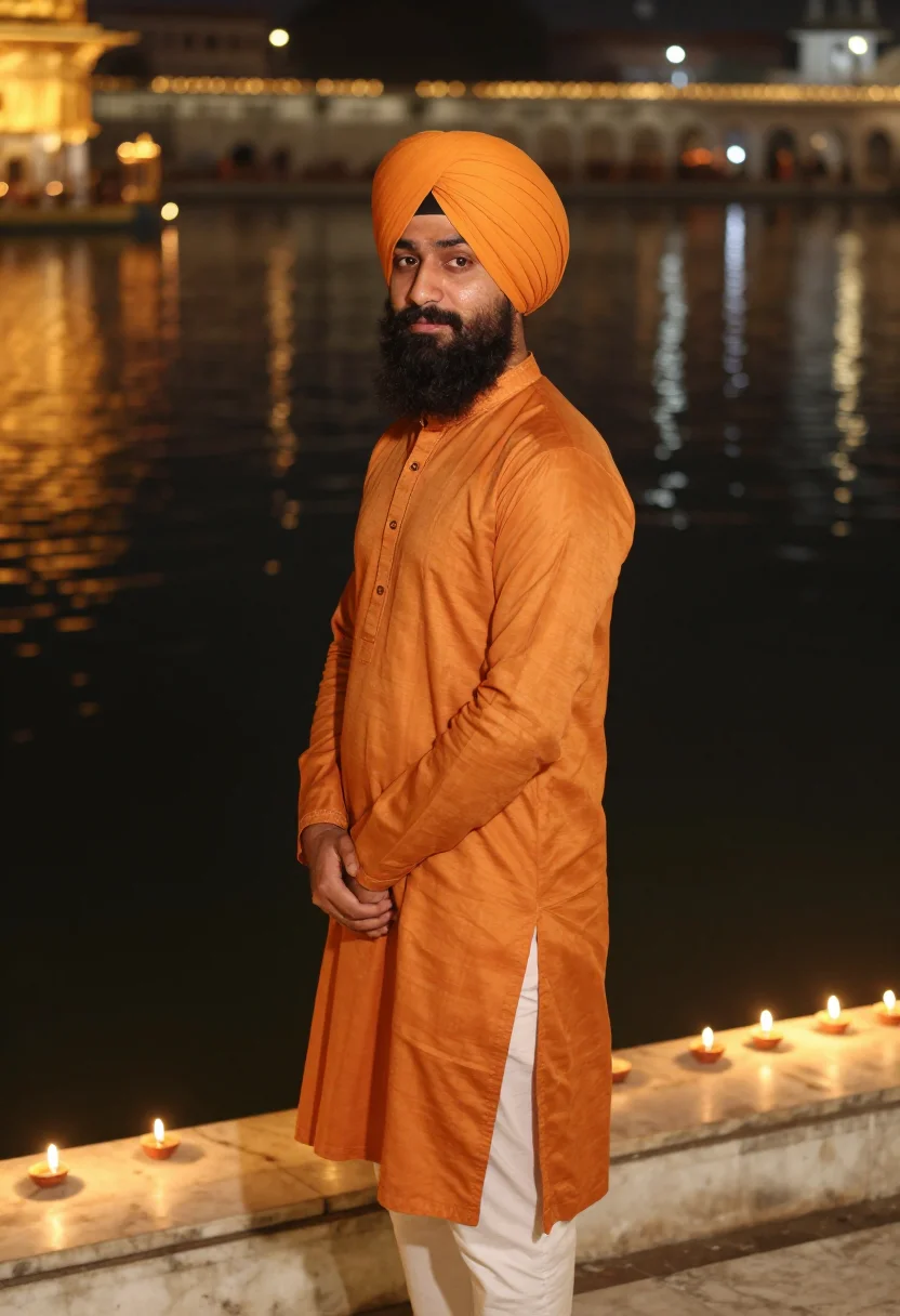 AI guru nanak jayanti golden temple saffron sample — portrait of a man, framed half-length from the head to the h